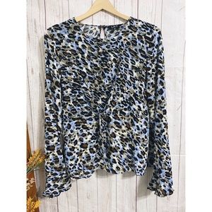 L.N.V. Bell Sleeve Peplum Top Blue Cheetah Medium